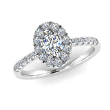 Harrogate Jewellers' GRACE ring, featuring a lab-grown oval cut diamond encircled by a halo of smaller diamonds on a silver band, bespoke engagement ring in Harrogate, Yorkshire.