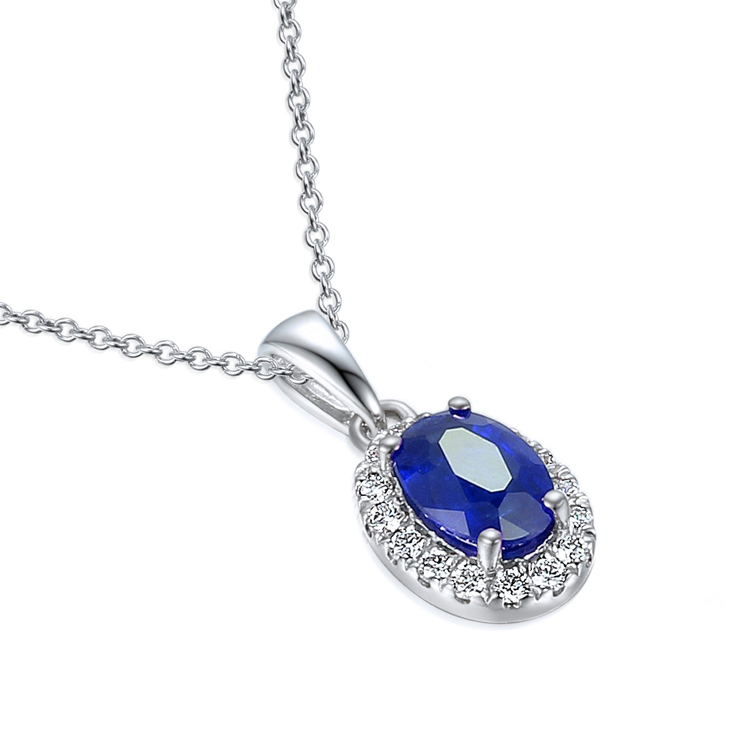 Sapphire and Diamond Oval Cut Halo Pendant White Gold