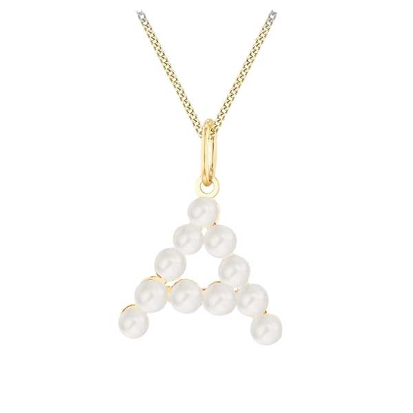Pearl necklace with a gold chain on a white background initial letter a