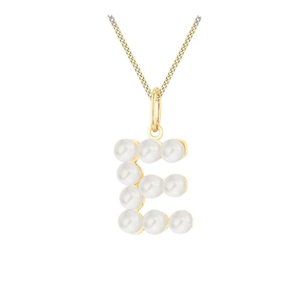 Gold necklace with a pendant made of pearls on a white background initial letter E