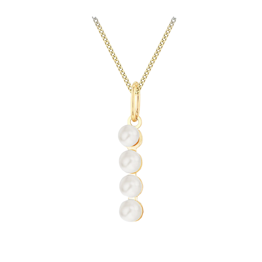 Gold necklace with four pearl beads on a white background