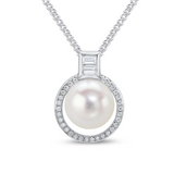Pearl and diamond halo pendant with baguette cut diamonds by Harrogate Jewellers, made with platinum or white gold. Perfect for bespoke Yorkshire bridal jewellery.