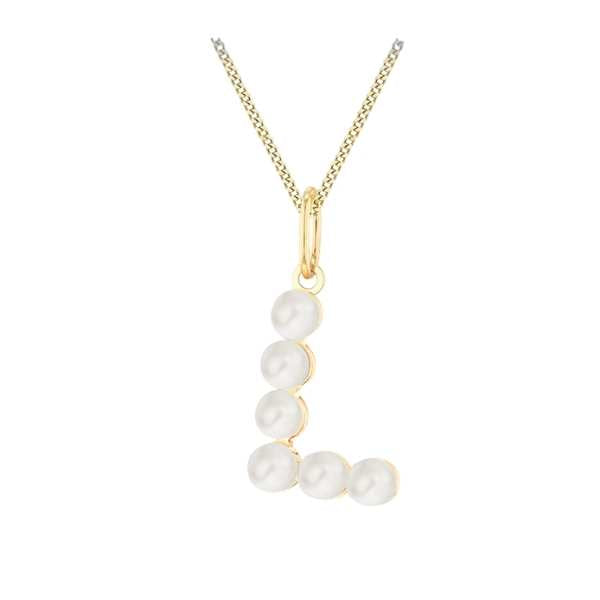 Gold necklace with a pendant featuring pearls on a white background