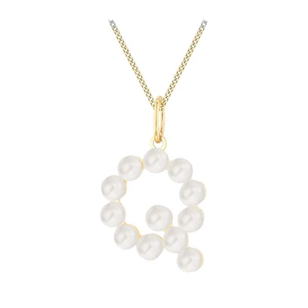 9ct yellow gold initial pendant from Harrogate Jewellers, adorned with pearls, against a white background