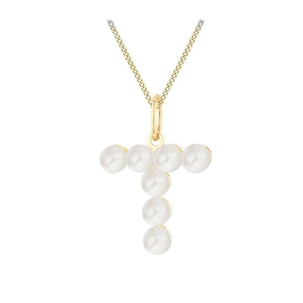 9ct yellow gold pendant featuring a letter 'T' made out of freshwater pearls, crafted by Harrogate Jewellers, bespoke Yorkshire jewellery