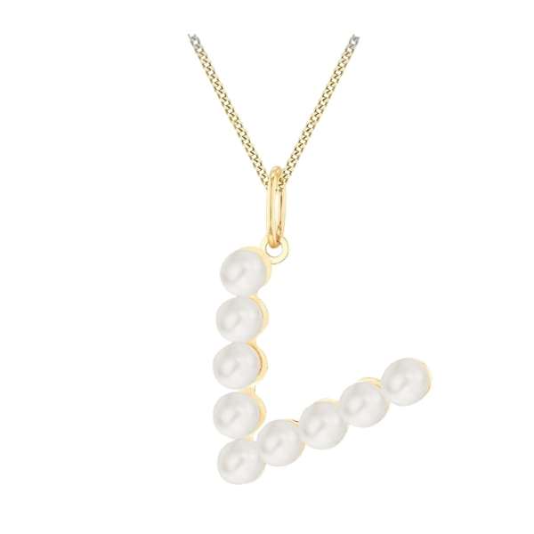 9ct yellow gold pearl initial pendant by Harrogate Jewellers, a bespoke piece of jewellery perfect for gifting, set against a white background.