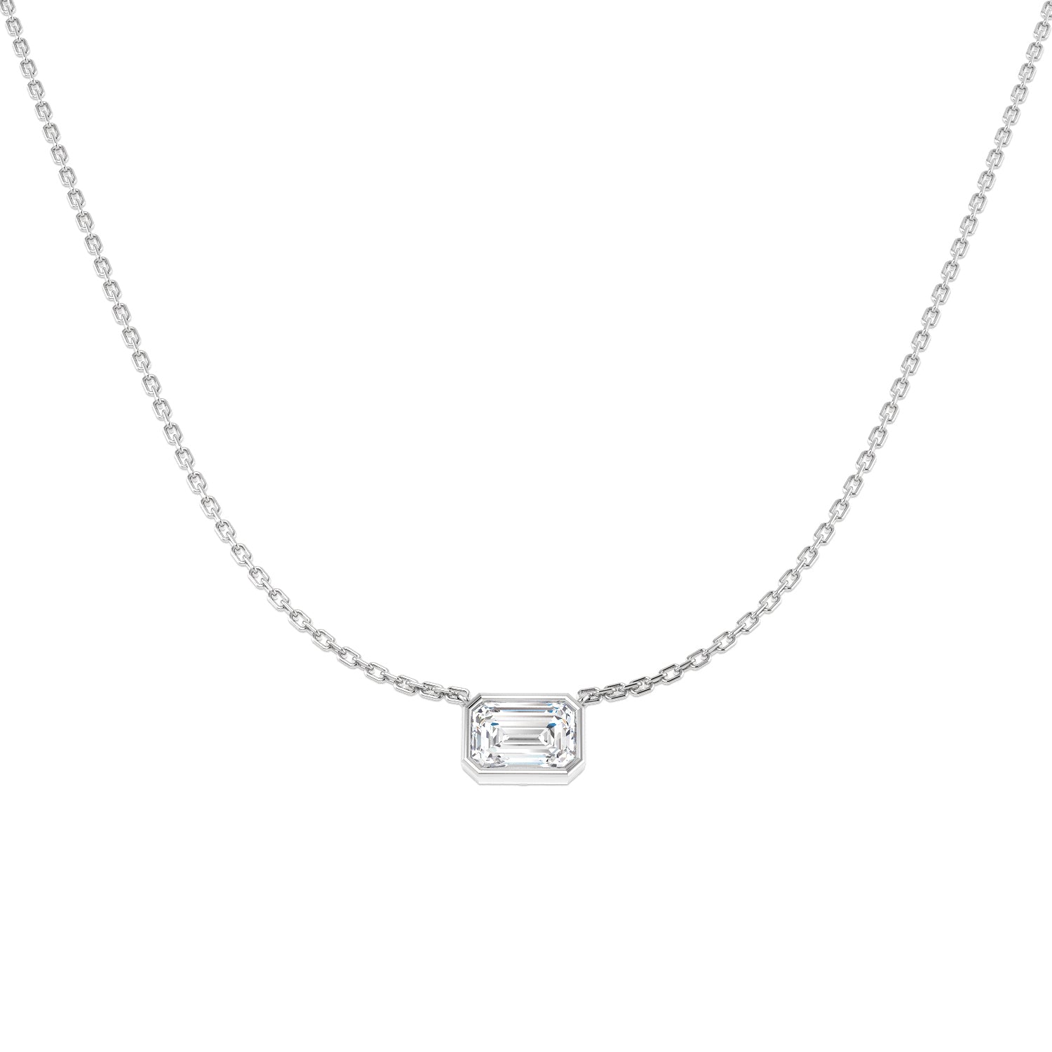 Bezel Set Emerald Cut Lab-Grown Diamond Pendant by Harrogate Jewellers, featuring a platinum chain and white gold setting, perfect for bespoke jewellery lovers in Yorkshire.