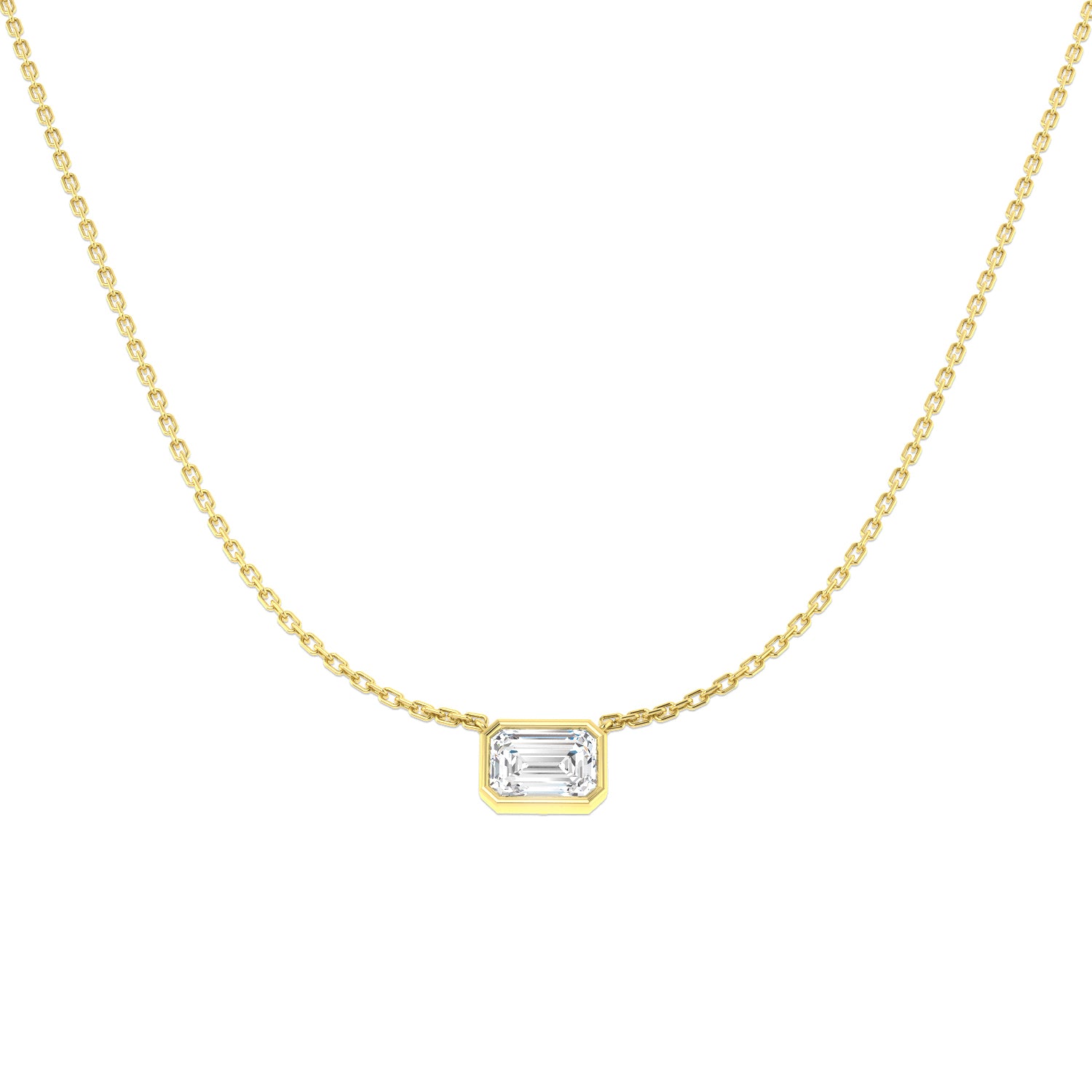 Emerald cut lab-grown diamond pendant by Harrogate Jewellers, bezel set in white gold, bespoke Yorkshire jewellery