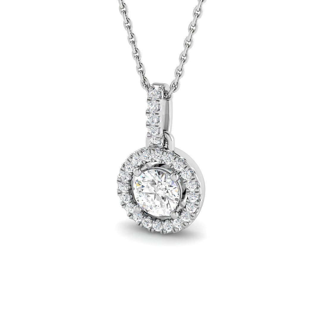 Harrogate Jewellers' Round Brilliant Lab Grown Diamond Halo Pendant 0.67ct in platinum, featuring a central diamond and halo of diamonds on a white gold chain for bespoke Yorkshire jewellery.