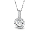 Harrogate Jewellers' Round Brilliant Lab Grown Diamond Halo Pendant 0.67ct in platinum, featuring a central diamond and halo of diamonds on a white gold chain for bespoke Yorkshire jewellery.