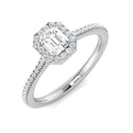 Harrogate Jewellers radiant cut diamond halo engagement ring, 0.53ct, set in platinum. Showcasing a 0.40ct centre diamond, encircled by smaller diamonds, perfect for bespoke Yorkshire wedding jewellery.