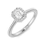 Harrogate Jewellers radiant cut diamond halo engagement ring, 0.53ct, set in platinum. Showcasing a 0.40ct centre diamond, encircled by smaller diamonds, perfect for bespoke Yorkshire wedding jewellery.