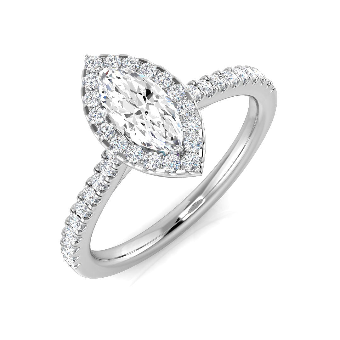Marquise Cut Diamond Halo Engagement Ring 0.70ct by Harrogate Jewellers, showcasing earth mined diamonds in platinum setting, bespoke jewellery, Harrogate Yorkshire.