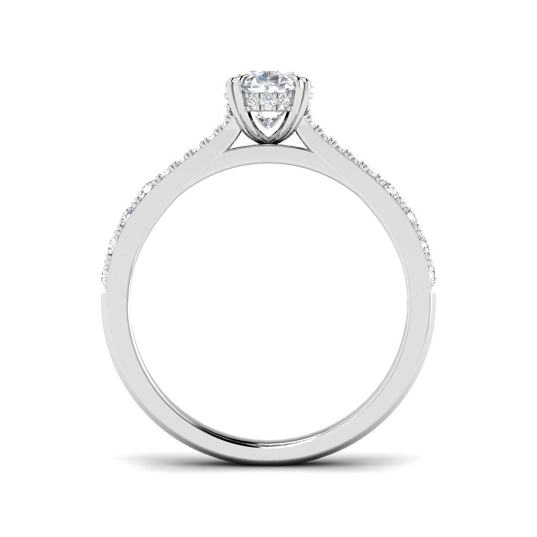 Harrogate Jewellers 1.00ct oval cut lab-grown diamond solitaire ring with split shoulder in platinum, showcasing a secret diamond under halo design, bespoke jewellery from Yorkshire.