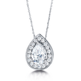 Pear Cut Diamond Halo Pendant by Harrogate Jewellers, featuring a 1.00ct natural diamond in white gold, against a white background. Ideal for bespoke Yorkshire weddings.