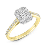 Harrogate Jewellers' CONNIE lab-grown emerald cut diamond halo ring on a white gold band, perfect for Yorkshire bespoke jewellery lovers.