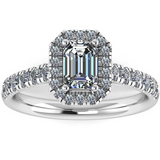 Harrogate Jewellers' platinum engagement ring showcasing a 0.50ct lab-grown emerald cut diamond, encircled by a halo of Earth Mined Diamonds, bespoke jewellery piece from Yorkshire.