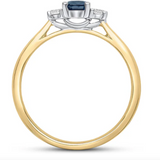Pear Cut Sapphire and Diamond Engagement Ring in Yellow Gold by Harrogate Jewellers, showcasing a central sapphire and two round Earth Mined Diamonds on a white gold band