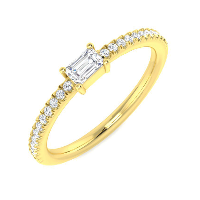 Gold ring with emerald-cut diamond and smaller diamonds on a white background