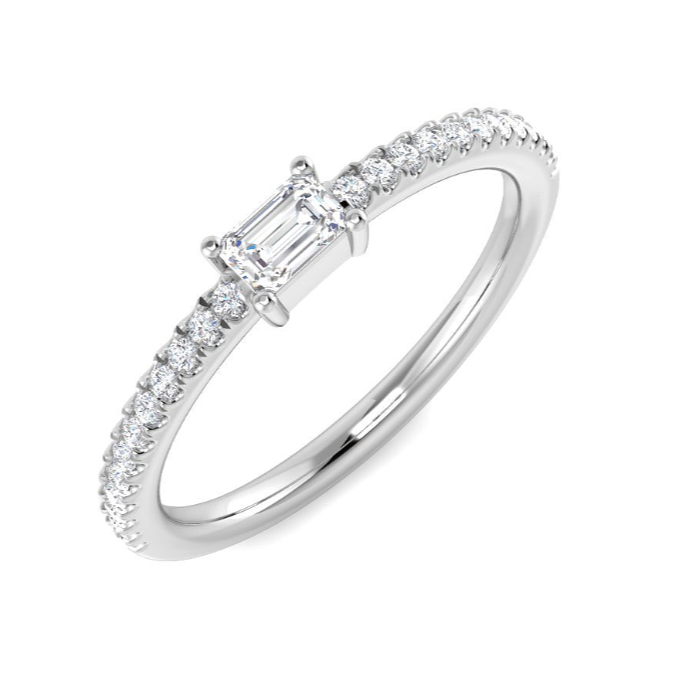 Diamond ring with a central emerald-cut diamond on a white background
