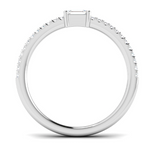 Harrogate Jewellers' East West Set Emerald Cut Diamond Ring, featuring a stunning central diamond and a halo of smaller diamonds, set in platinum on a white background.