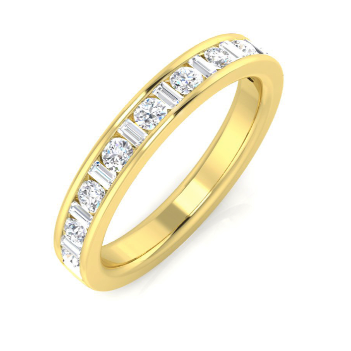 Gold ring with baguette-cut  and round brilliant cut diamonds on a white background
