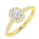 Harrogate Jewellers' Round Brilliant Cut Oval Shape Diamond Halo Engagement Ring, a bespoke jewellery piece with Earth Mined Diamonds from Yorkshire, in platinum colour.