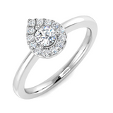 Harrogate Jewellers' Pear Shape Diamond Halo Engagement Ring, featuring a brilliant cut and set in platinum, against a white background.