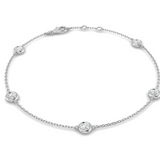 Harrogate Jewellery's Lab Grown Diamond Rub-Over Set Bracelet in White Gold, featuring five round diamonds on a delicate chain, perfect for elegant daily wear or special occasions.