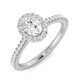 0.58ct Oval Cut Diamond Halo Engagement Ring by Harrogate Jewellers, showcasing a stunning Earth Mined Diamond, set in platinum, against a white background.