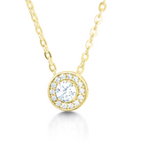 Diamond Halo Round Brilliant Cut Pendant in Yellow Gold from Harrogate Jewellers, a bespoke piece for weddings or engagements, crafted in Yorkshire with lab grown diamonds.