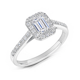 Harrogate Jewellers' CONNIE Lab-Grown Emerald Cut Diamond Halo Ring, featuring a large rectangular diamond surrounded by bespoke smaller diamonds, set on a platinum band.