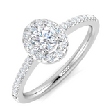 Harrogate Jewellers' Round Brilliant Cut Oval Shape Diamond Halo Engagement Ring, Earth Mined Diamond Wedding Ring set in white gold, bespoke Yorkshire jewellery.