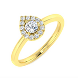 Harrogate Jewellers' round brilliant cut pear shape diamond halo engagement ring on a white background. Features Earth mined diamonds set in platinum, bespoke jewellery from Yorkshire.