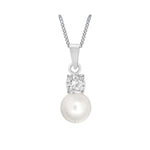 Harrogate Jewellers Sterling Silver Pendant featuring a drop pearl and cubic zirconia diamond, ideal for bespoke Yorkshire wedding jewellery, set on a white background.