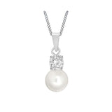 Harrogate Jewellers Sterling Silver Pendant featuring a drop pearl and cubic zirconia diamond, ideal for bespoke Yorkshire wedding jewellery, set on a white background.