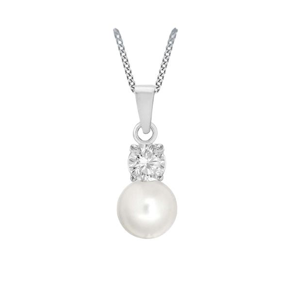 Harrogate Jewellers Sterling Silver Pendant featuring a drop pearl and cubic zirconia diamond, ideal for bespoke Yorkshire wedding jewellery, set on a white background.
