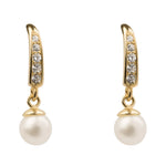 9ct Yellow Gold Freshwater Pearl and CZ Drop Earrings from Harrogate Jewellers, featuring elegant design and sparkling accents perfect for bespoke jewellery lovers in Harrogate, Yorkshire.