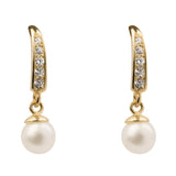9ct Yellow Gold Freshwater Pearl and CZ Drop Earrings from Harrogate Jewellers, featuring elegant design and sparkling accents perfect for bespoke jewellery lovers in Harrogate, Yorkshire.