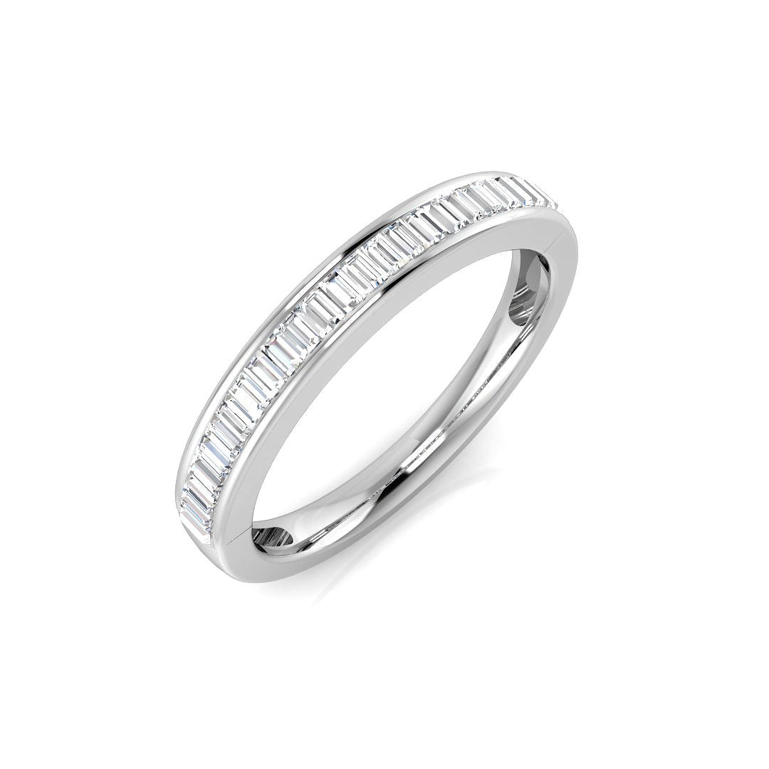 Platinum Baguette Diamond Half Eternity Ring Q 1/2 by Harrogate Jewellers, showcasing baguette cut laboratory grown and Earth Mined Diamonds, bespoke wedding jewellery in Harrogate, Yorkshire.