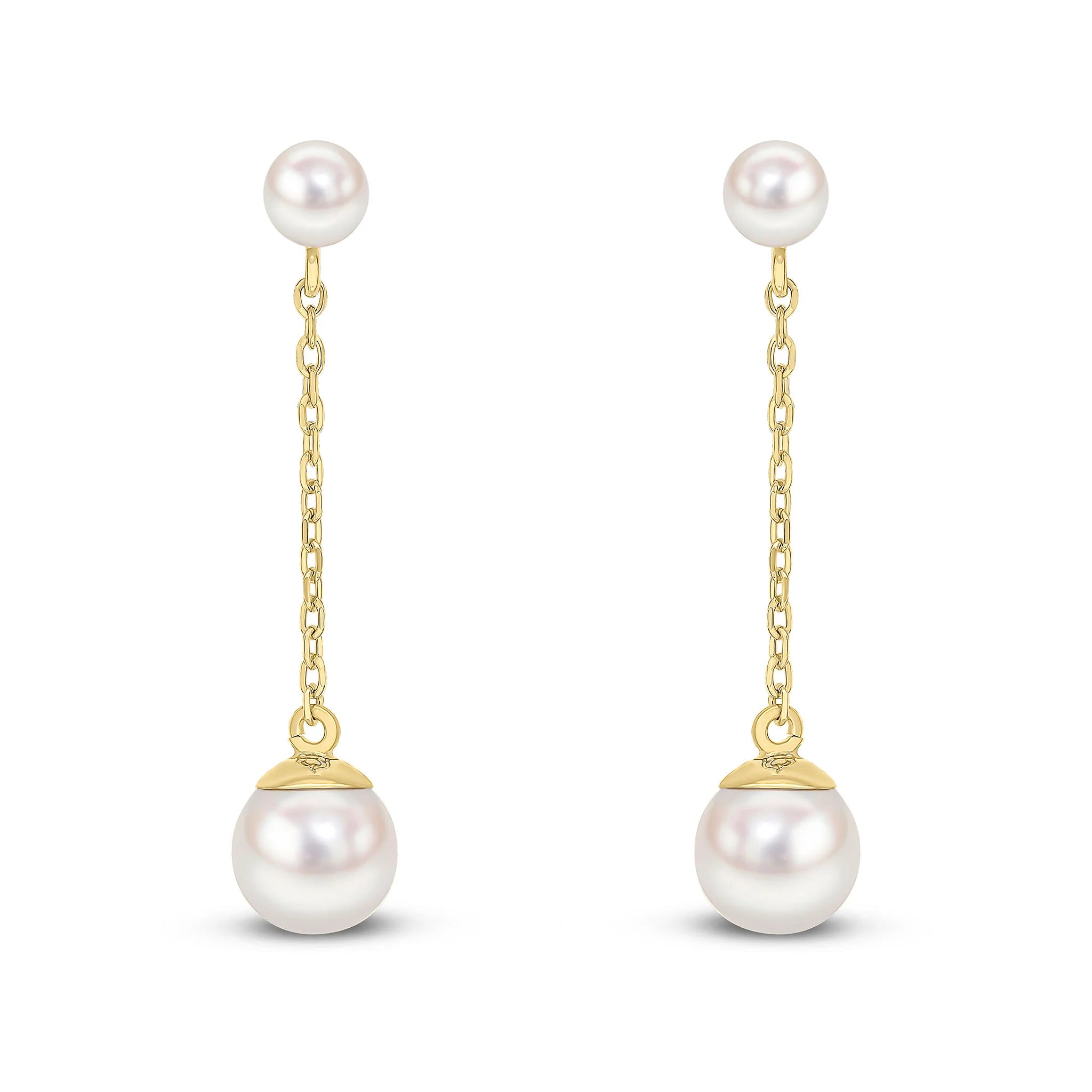 9ct Yellow Gold Chain Drop Pearl Earrings from Harrogate Jewellers, perfect for elegant bridal wear or timeless everyday elegance.