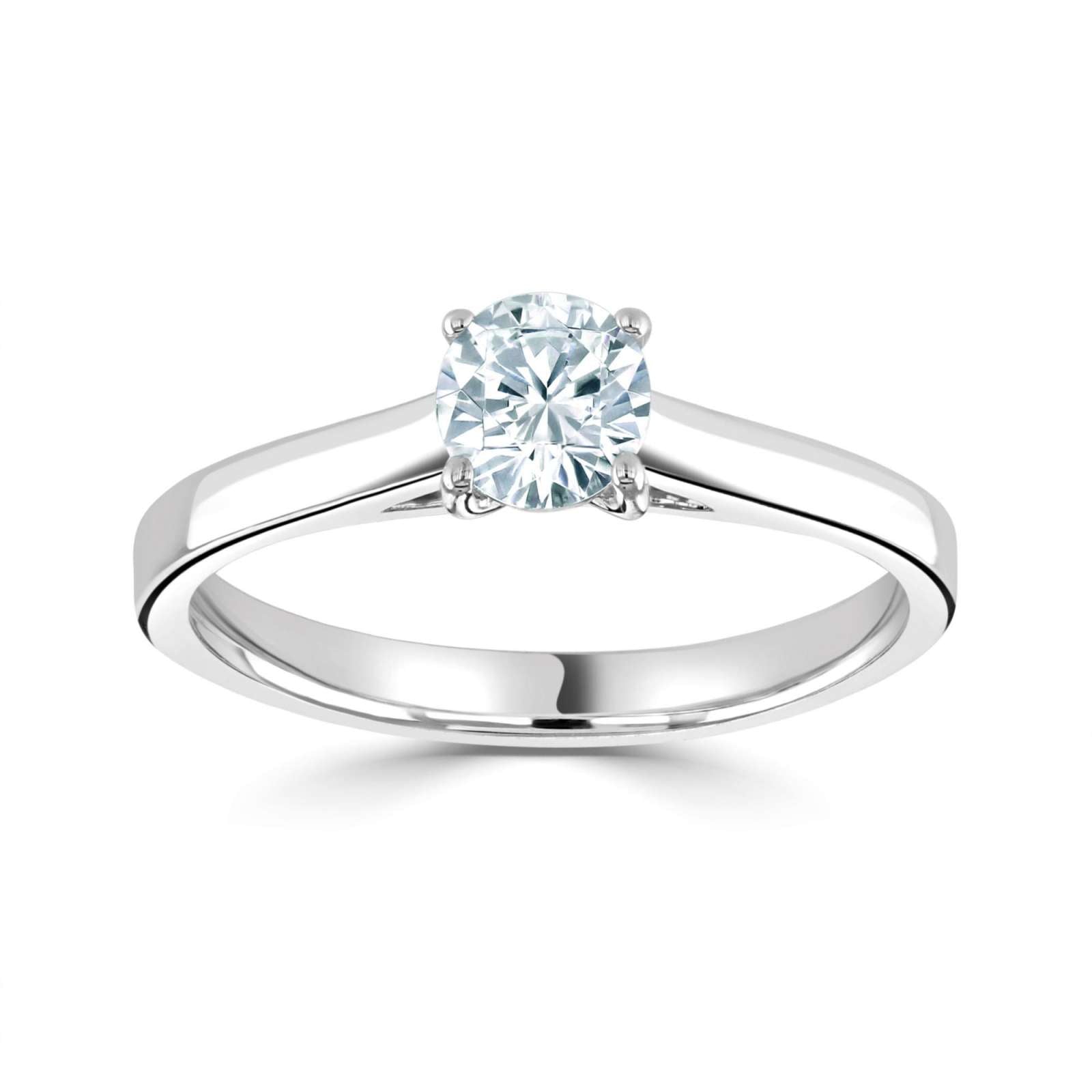 Harrogate Jewellers classic cross-over solitaire engagement ring with a round brilliant cut diamond, set in platinum, on a white background. Earth mined diamond certified by GIA.