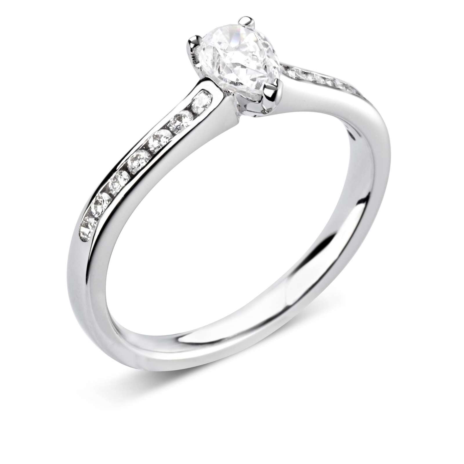 Pear cut diamond engagement ring with channel set shoulders, offered by Harrogate Jewellers. Features a stunning earth mined diamond in a platinum band, highlighting bespoke jewellery design from Yorkshire.