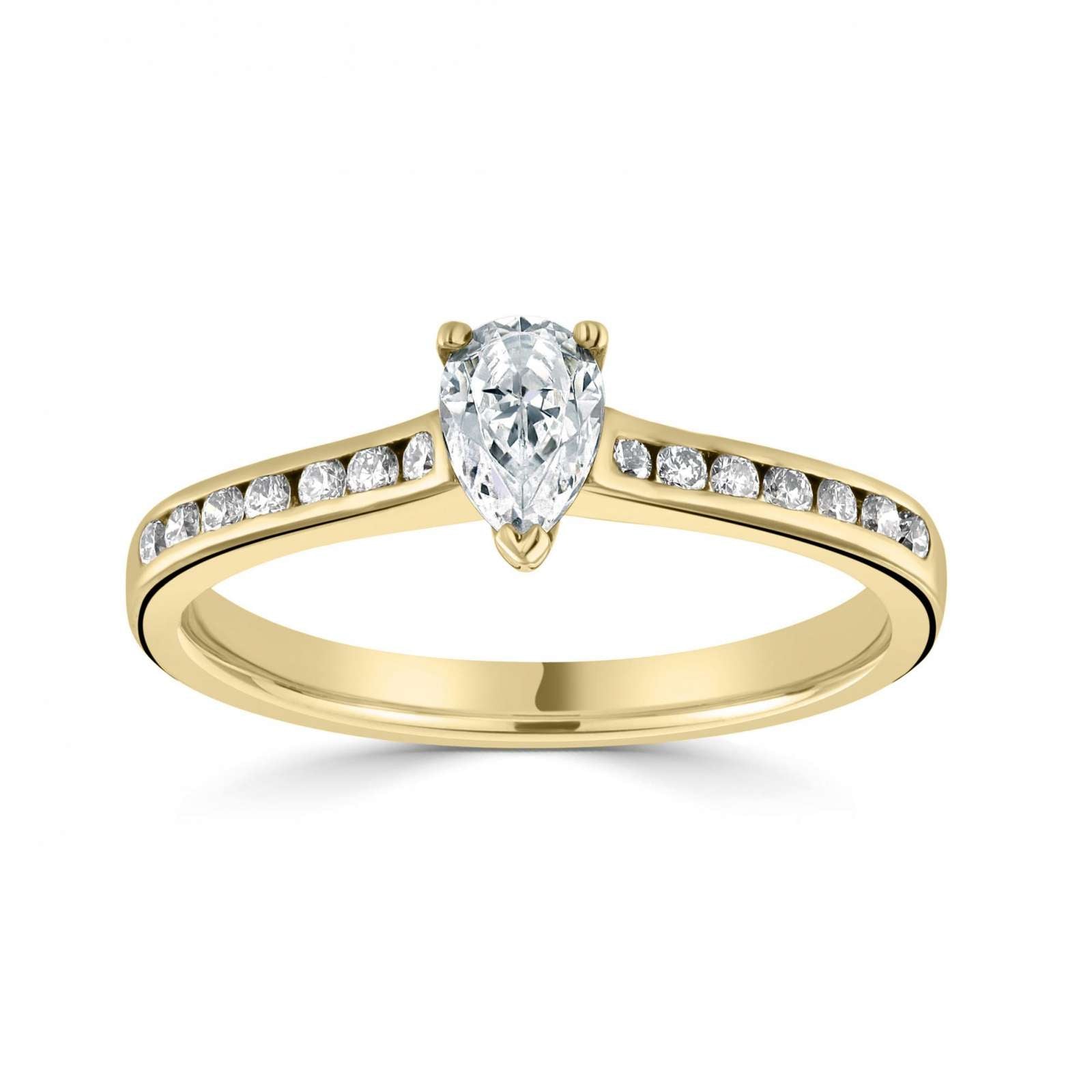 Pear Cut Diamond Engagement Ring by Harrogate Jewellers, featuring Channel Set Shoulders and earth mined diamonds, set in white gold. Bespoke jewellery from Yorkshire