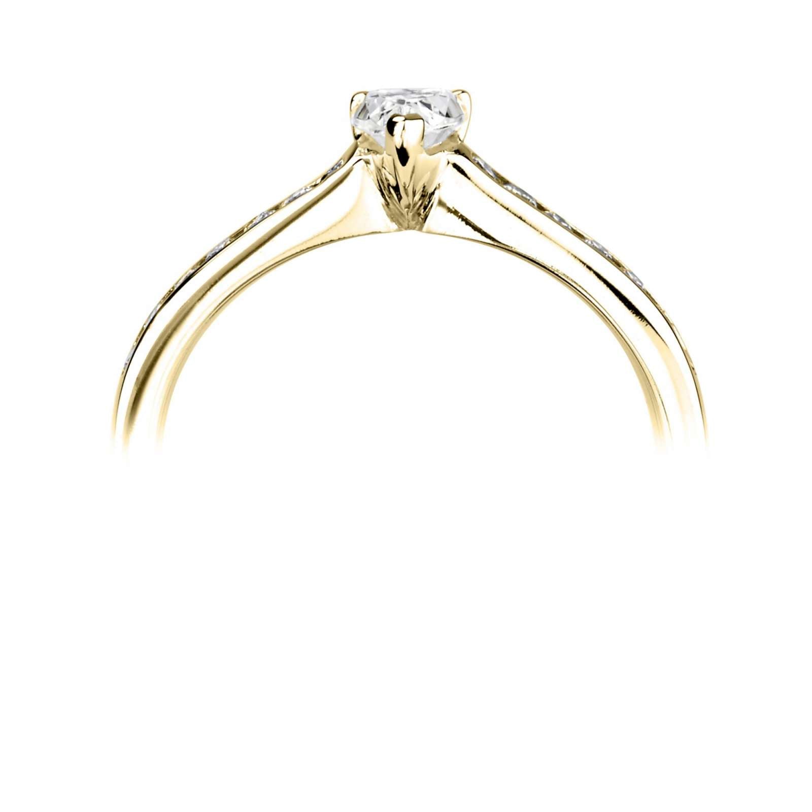 Pear Cut Diamond Engagement Ring with Channel Set Shoulders by Harrogate Jewellers, featuring a brilliant earth mined diamond, surrounded by smaller diamonds on a platinum band.