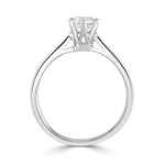 Harrogate Jewellers' six-claw classic solitaire engagement ring featuring a brilliant round cut earth-mined diamond, set in white gold, with a detailed view of its intricate design on a clean white background.