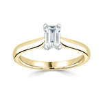 Harrogate Jewellers Emerald Cut Solitaire Diamond Engagement Ring in Platinum, showcasing a laboratory grown diamond on a white background. Bespoke Yorkshire jewellery.