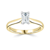 Harrogate Jewellers Emerald Cut Solitaire Diamond Engagement Ring in Platinum, showcasing a laboratory grown diamond on a white background. Bespoke Yorkshire jewellery.