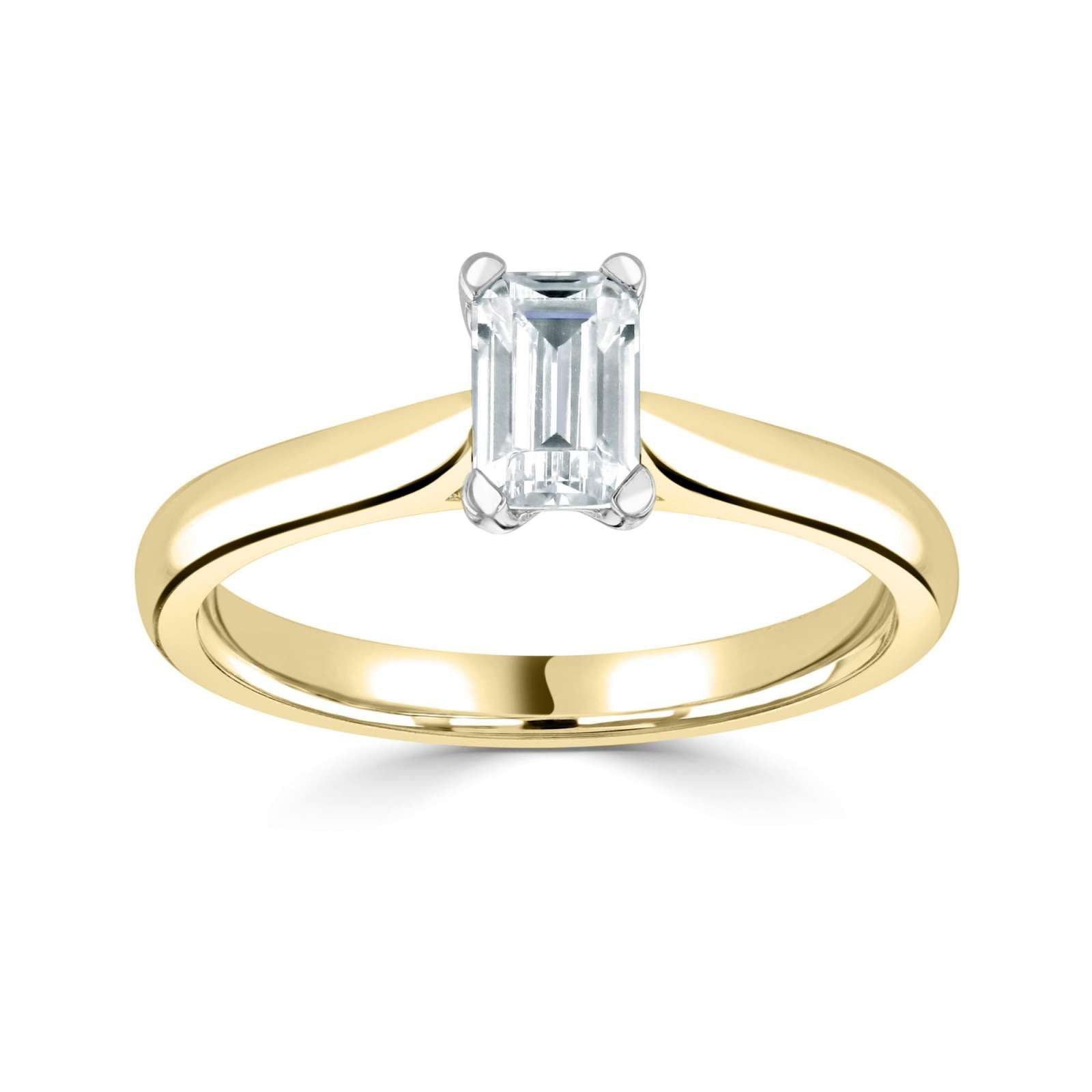 Harrogate Jewellers Emerald Cut Solitaire Diamond Engagement Ring in Platinum, showcasing a laboratory grown diamond on a white background. Bespoke Yorkshire jewellery.
