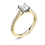 Harrogate Jewellers' Tapered Claw Set Princess Cut Diamond Engagement Ring with bespoke design, features a radiant earth mined diamond, set on a platinum band, against a white background.